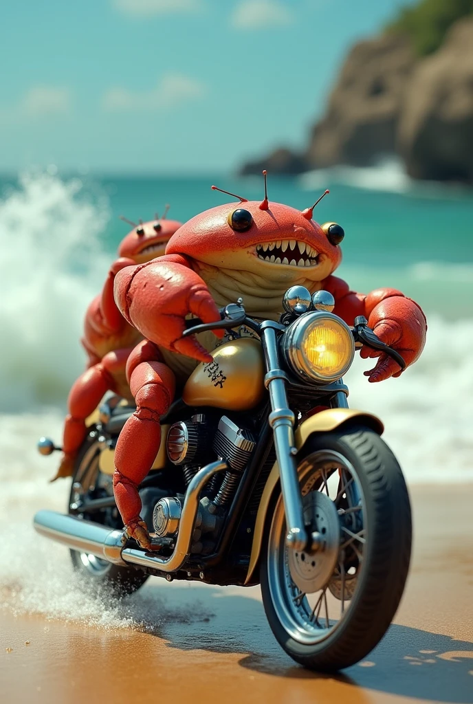 Crab on a motorcycle with girlfriend

