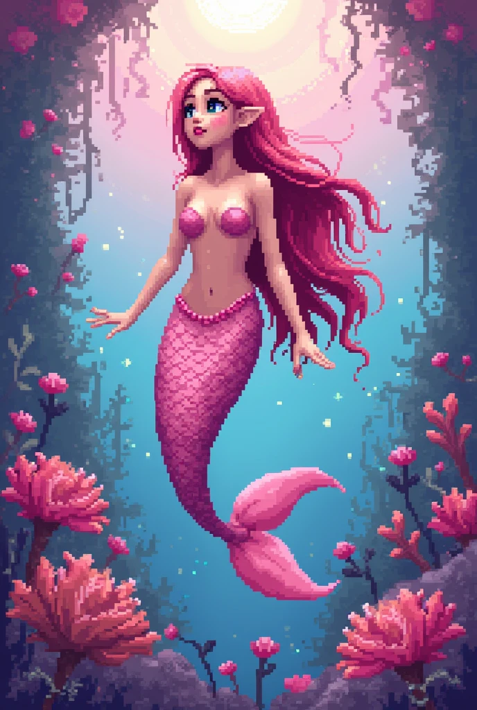 A pink-hued mermaid in pixel art