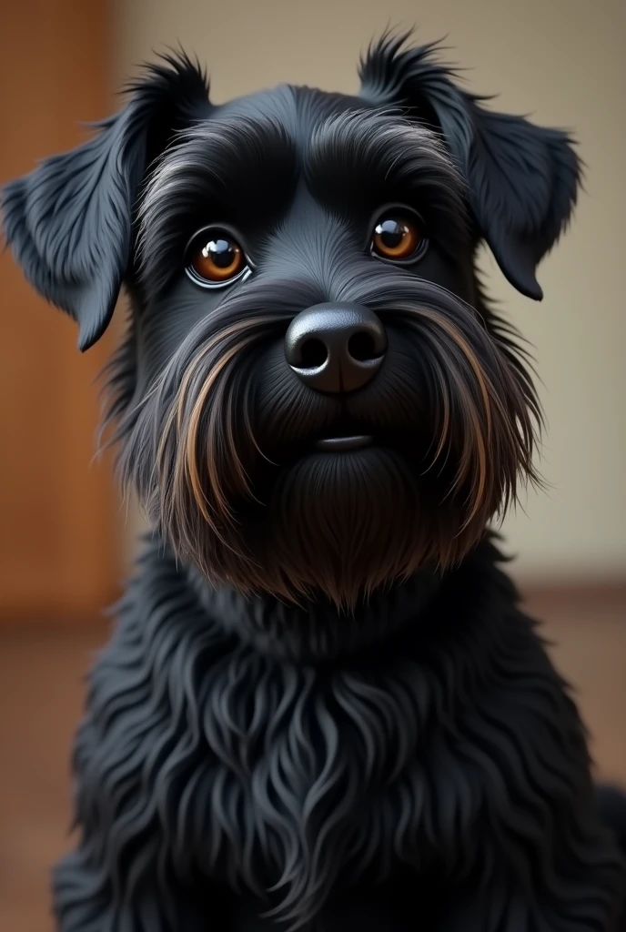 Black furry snauzer dog with a hairy face named ponky who has a big nose, but has medium sized drooping ears NOT STOOD UP AND A BEARD