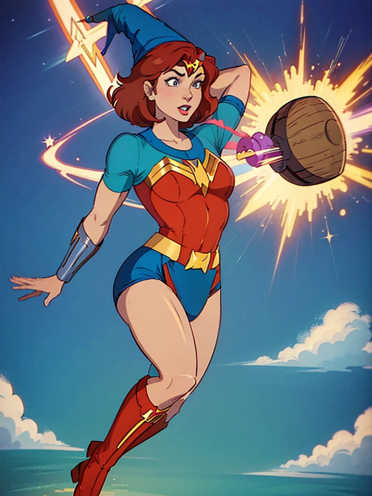 a redhead cartoon character, wonder woman outfit, very muscular, male wizard, 1980s cartoon, animated episode still, Presto (((mad))), ((Wears a wizard hat))