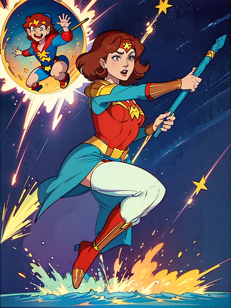 a redhead cartoon character, wonder woman outfit, very muscular, male wizard, 1980s cartoon, animated episode still, Presto (((mad))), ((Wears a wizard hat))