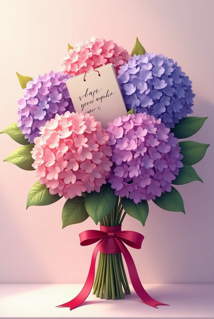 Bouquet of hydrangeas with a note wrapped around the stem held by a red ribbon