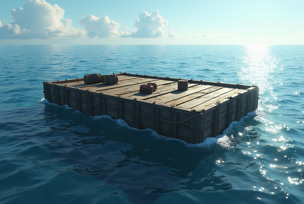 A large rectangular raft floating on sea water, diagonal view
