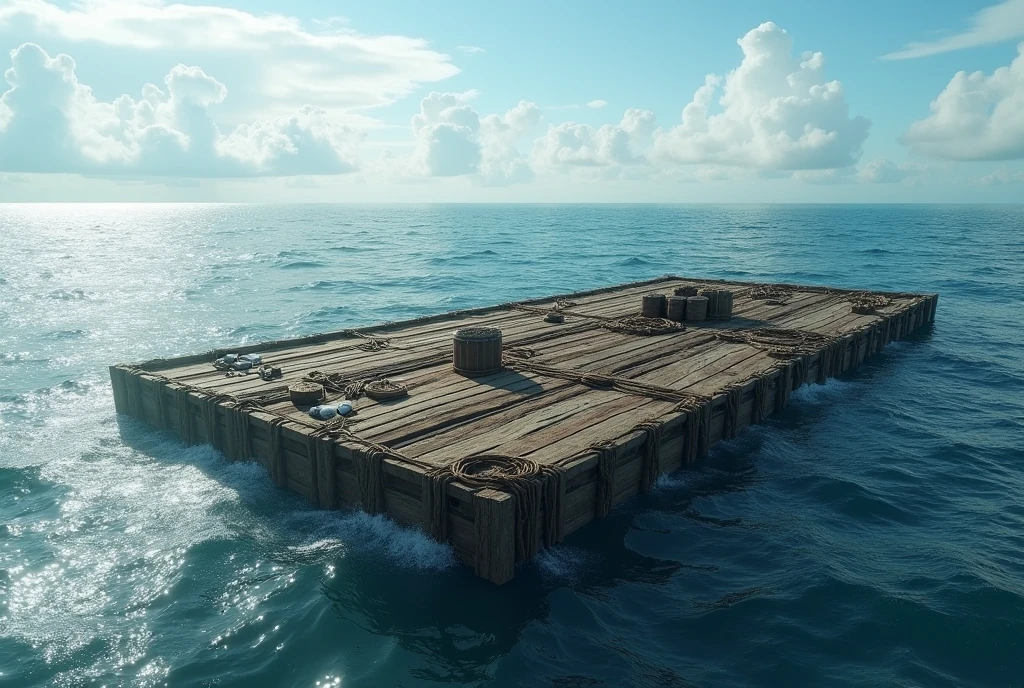 A large rectangular raft floating on sea water, diagonal view
