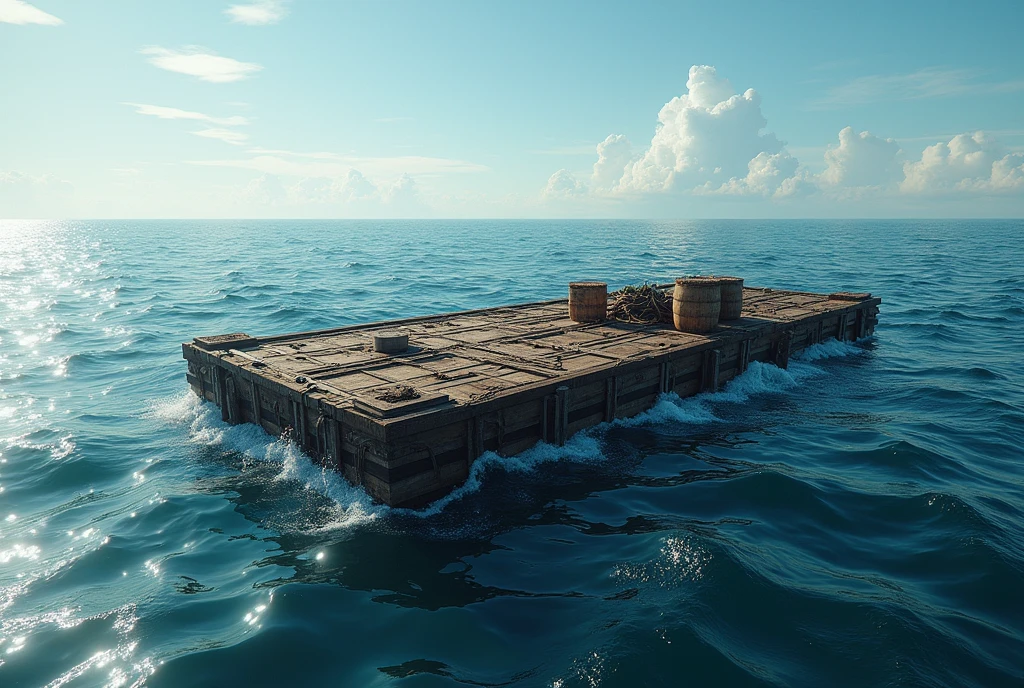 A large rectangular raft floating on sea water, diagonal view