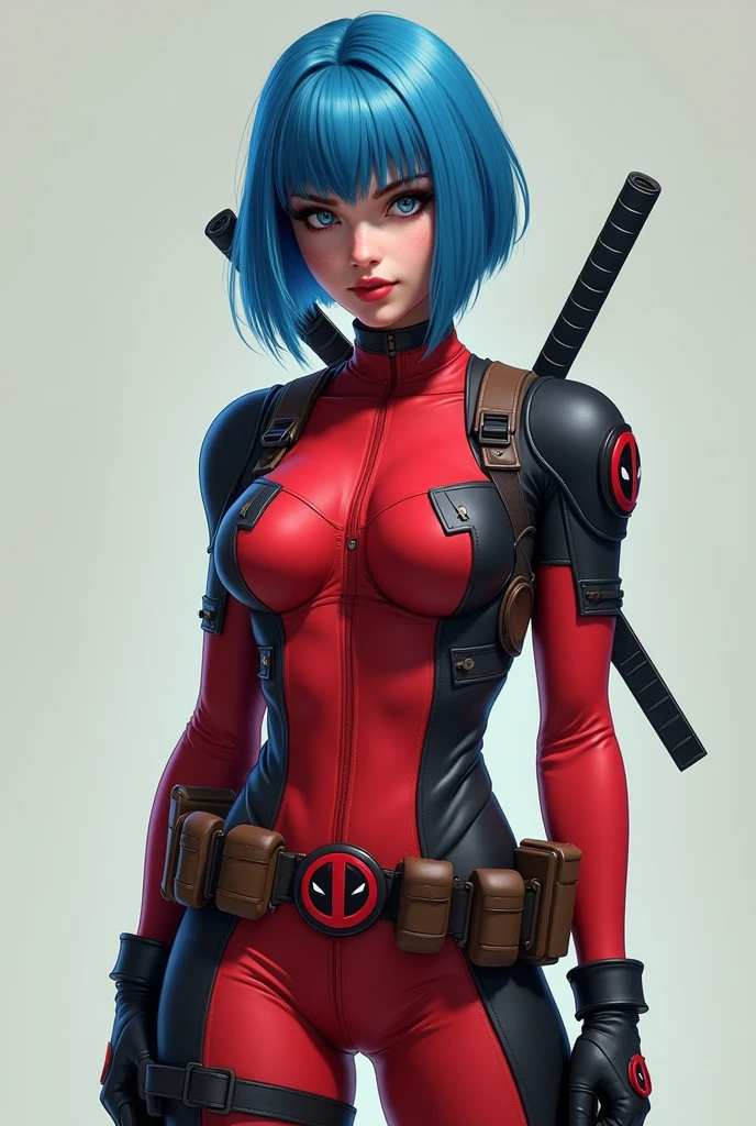 girl deadpool, short hair, blue hair, long bob hair, big breasts, slender body shape, 2, realistic
