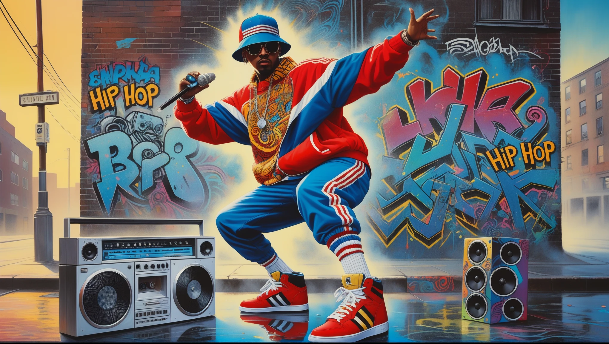 graffiti painting of a man in a red jacket and blue pants dancing, hip hop style, hiphop urban inspired, 9 0 s hip - hop fashion, hiphop, hiphop gangsta robot, 8 0 s art, psychedelic hip hop, hip - hop, hip-hop, hip hop album cover art, psychedelic hip-hop, hip hop music album cover, hip hop aesthetic