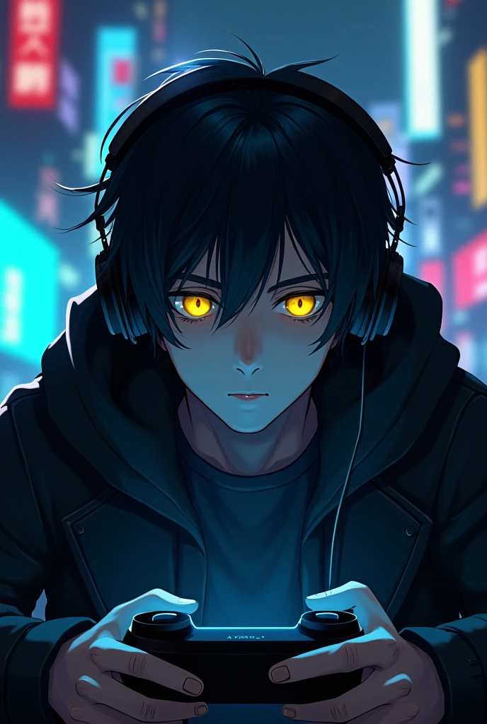 Man with bluetooth headphones, with a gloomy expression, short hair with black coat with hood on head, brunette skin, bright yellow eyes , playing video game, animation style