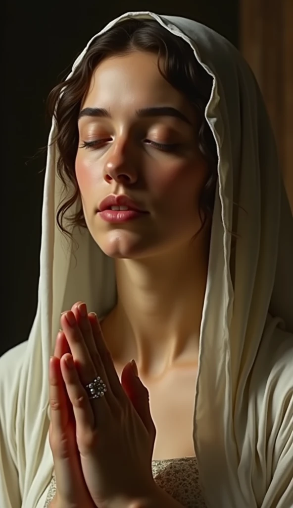 beautiful young Anne Hathaway, as Virgin Mary (traditional sabbath clothing of Judea 2024 years ago, brunette, she prays with her arms apart, her palms are reached up,) , blushing, eyes closed, pursed lips, closeup, masterpiece, photorealistic, detailed portrait, high quality, realistic, intricate details, warm lighting, soft focus, dramatic lighting, oil painting, renaissance style