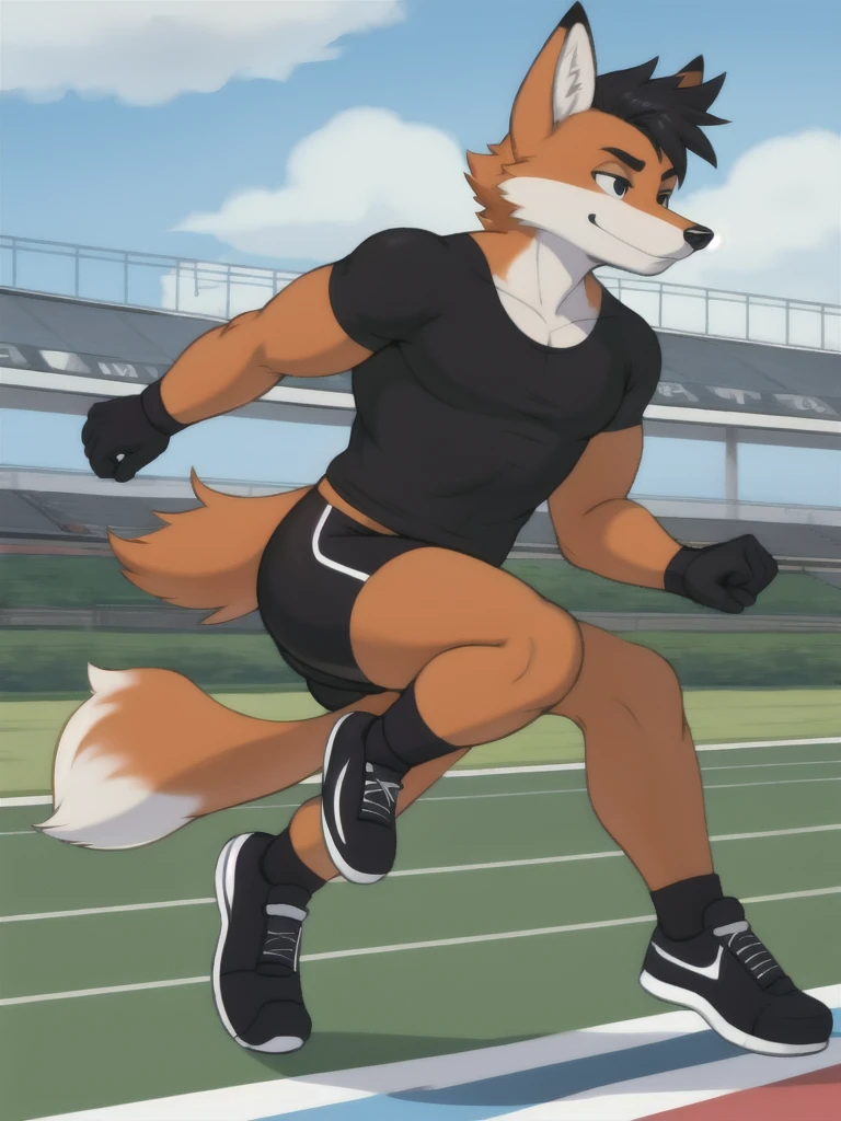 Furry, fox, male, black shirt, black spandex bike shorts, shoes, running track, solo, full body