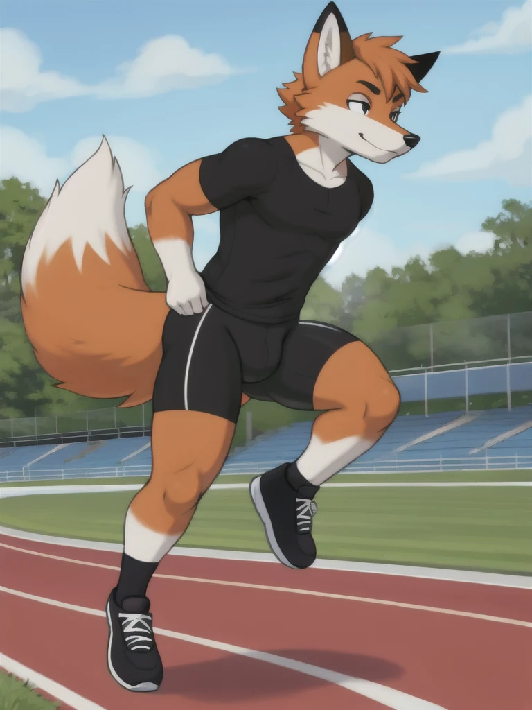 Furry, fox, male, black shirt, black spandex bike shorts, shoes, running track, solo, full body