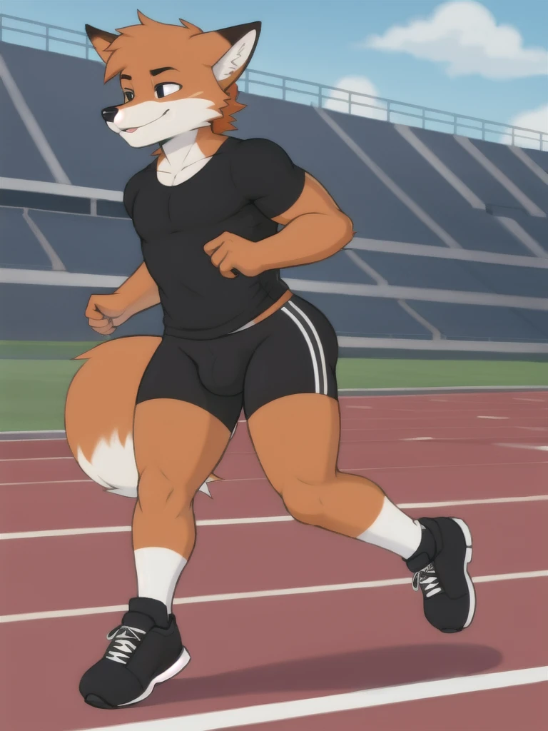 Furry, fox, male, black shirt, black spandex bike shorts, shoes, running track, solo, full body