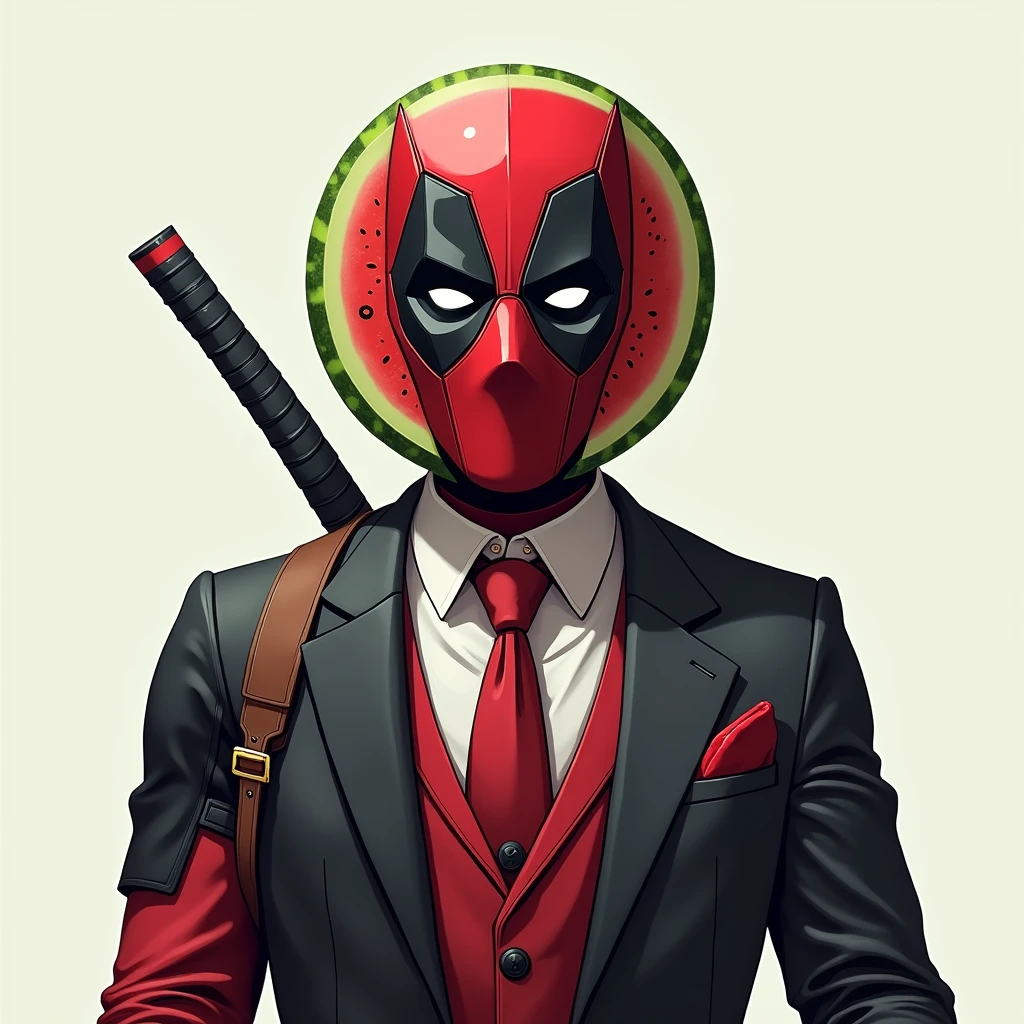 Deadpool with a watermelon-designed helmet and wearing a suit and tie