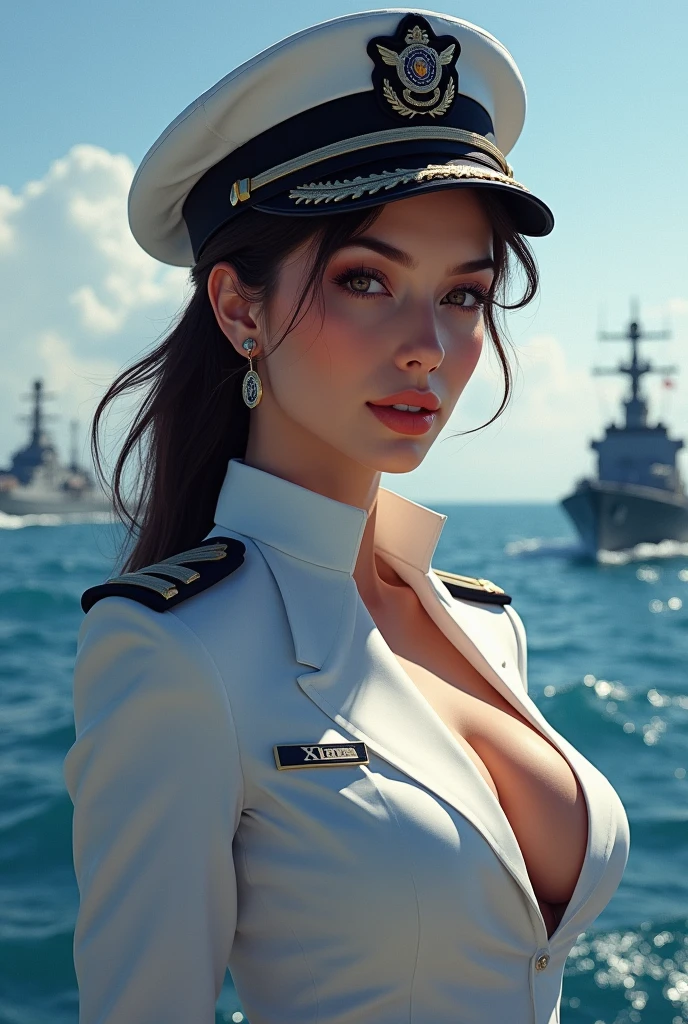 (1 girl),hyperrealistic,beautiful detailed eyes,beautiful detailed lips,extremely detailed eyes and face,longeyelashes,super beauty girl in white military uniform posing on the deck of a warship,big breasts,military uniform trousers,beautiful expression,real leather,top quality,8K,photorealistic,extreme detail description,professional,vivid colors,physically-based rendering,studio lighting,sharp focus,ultra-fine painting,sunset