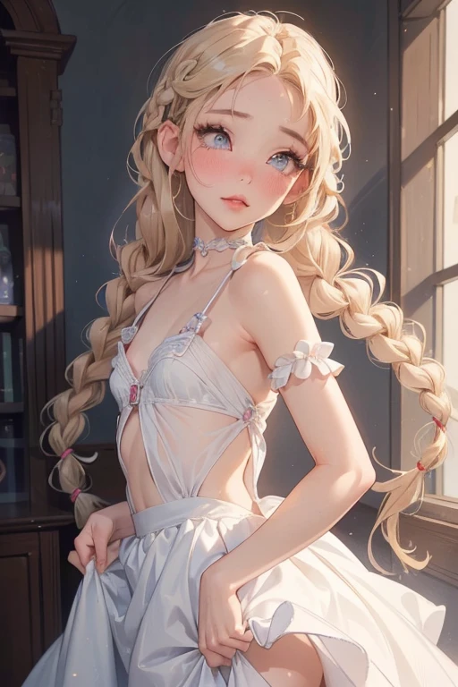  ((best quality)), ((masterpiece)), (detailed), 1girl, (big forhead:1.2),extremely detailed cute anime face, (((flat chest))), (flat chest:1.1),((((long twin braids,tight braids,long braid,braided hair,long hair)))),intricate eyes,beautiful detailed eyes,symmetrical eyes,(((detailed face))),beautiful detailed lips, looking at this, (((embarrassed))),(horrified expression),(panic),(crying),highres,(best quality),(ultra detailed,extremely detailed),perfect face details, ((masterpiece:1.4, best quality))+, (ultra detailed)+, long twintails, cute girl, (flat chest:1.1), small breasts, slim body, skinny, (narrow hips), prominent collarbones, skinny arms, flat stomach, visible hip bones, long hair, red hair, white hair, blonde hair, dark hair, ponytail, thick ponytail, heavy ponytail, small breasts, perfect face, small breasts (flat chest:1.1), NSFW, long revealing gown,Detailed body，Full limbs，(from behind), (turning), NSFW, (flat chest:1.1), nude 