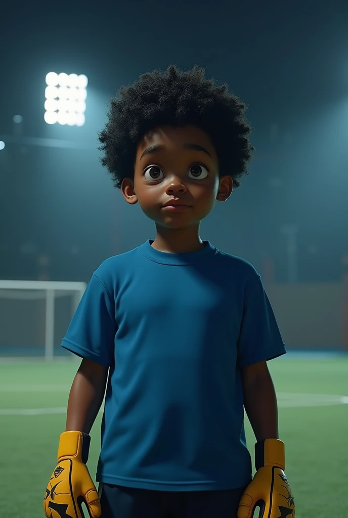 a young Black man, with big cheeks, curly and black hair. He is chubby. Blue shirt and goalkeeper gloves. He is on a futsal court at night.