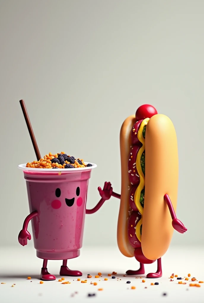Acai cup giving hand to hot dog drawing