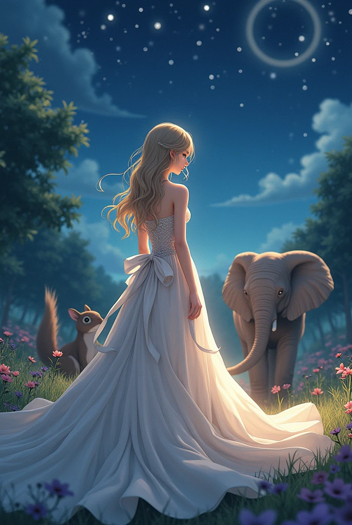 Create a beautiful realistic image that transcends the beauty of Taylor Swift and Sia with a ribbon, in an evening dress accompanied by an elephant and a squirrel and lots of love with a kimetsu no yaiba anime background at night