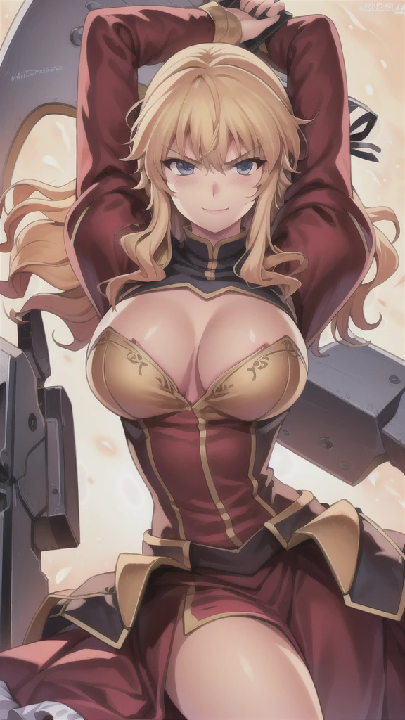 masterpiece,best quality,kim_kwang_hyun, 1girl, Yang Xiao Long, solo, large Long messy curly hair, huge breasts, looking at viewer, blue eyes, yellow-green hair, Large Long messy curly hair,bangs, large big breasts, long sleeves, dress, cleavage, closed mouth, weapon, puffy sleeves, arm up, clothing cutout, copyright name, red dress, cleavage cutout, juliet sleeves , power armor, shoulder armor, large Long messy curly hair,yellow eyes, angry eyes, coy Smile