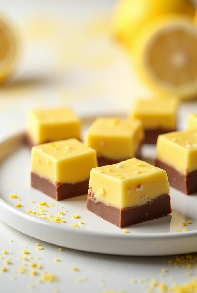 An image of a photo of square, bite-sized truffles with a milk chocolate shell and lots of lemon mousse with lemon zest inside the mousse, presentable and eye-catching for a sales post on Instagram - the truffle should be on a white plate. The image must contain very discreet golden tones on the plate.