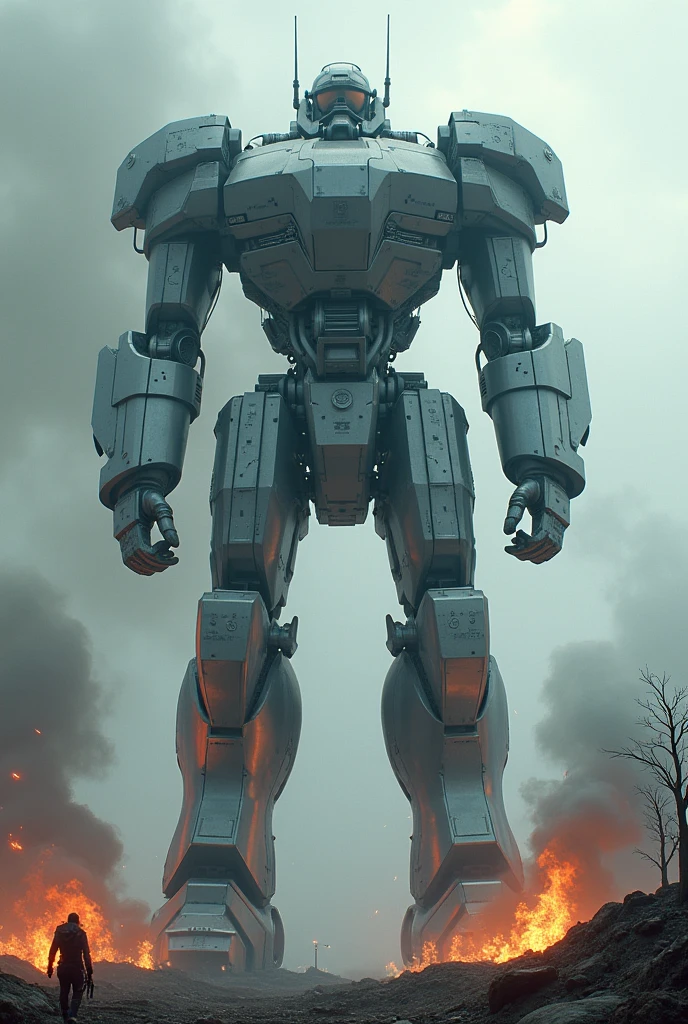 A detailed, A 100m-tall vertical robot factory dropped into the burning battlefield, cinematic, mecha, futuristic, metallic, cold colors