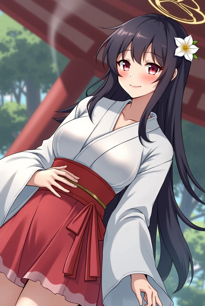 girl in white and red shrine maiden, enchanting, Flower in hair, long hair, refined movements, At a hotspring, breasts poping out of outfit, angelic smile, defined curves, Blushing, pregnant, hand on belly