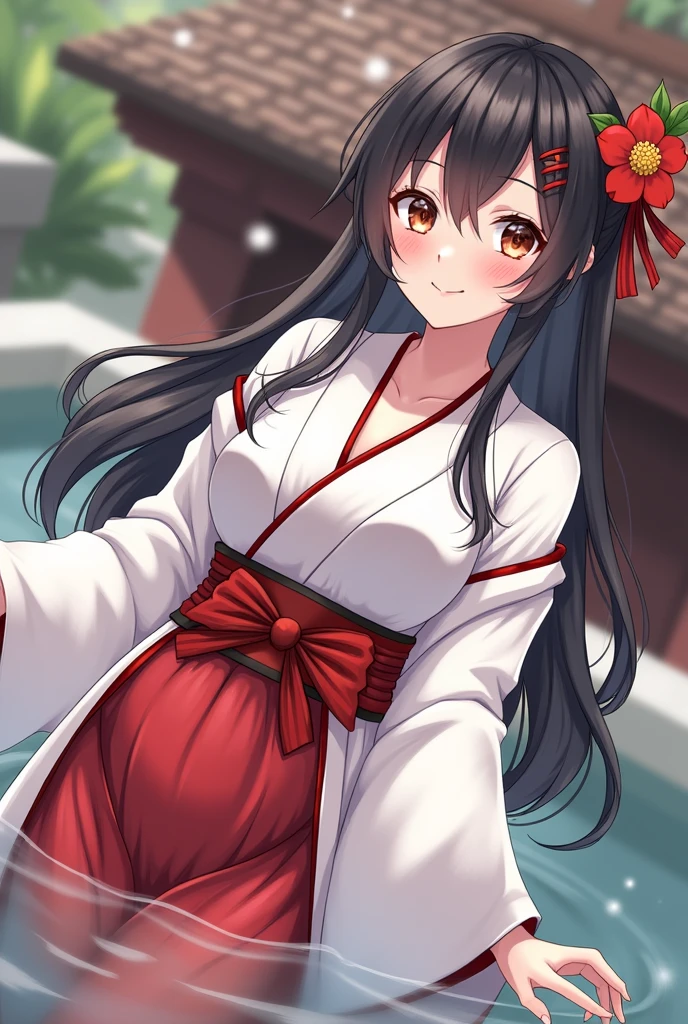 girl in white and red shrine maiden, enchanting, Flower in hair, long hair, refined movements, At a hotspring, breasts poping out of outfit, angelic smile, defined curves, Blushing, pregnant, hand on belly