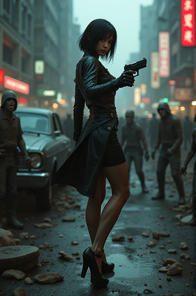 Chinese woman short hair like ada wong from resident evil wearing high heels fighting zombies with her handgubn