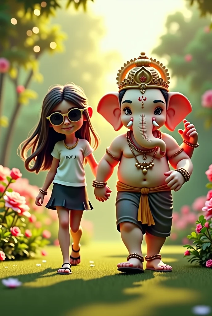 Create a 3D rendered image of a  girl with long, flowing hair, wearing sunglasses and a white T-shirt with the name 'Manu' printed on it and Black skirt. The girl is holding hands and walking with a cute, anthropomorphic version of the Hindu deity Child Ganesha. Ganesha is depicted with a white, slightly chubby elephant head, adorned with traditional jewelry and a crown. The background is a serene, green, garden-like environment with soft lighting, creating a warm and peaceful atmosphere.