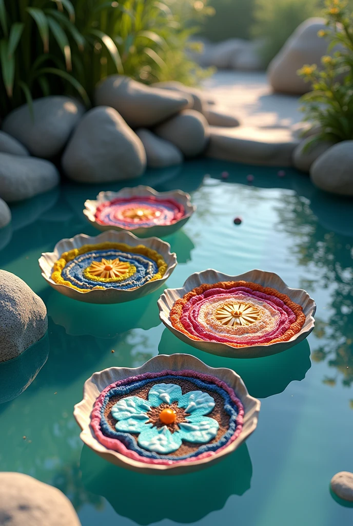 ceramic art works, layers of random colors, complex and random shapes, shiny, floating on the water, pebbles, water plants, shadows, contrast, conceptual installation art, (ultra detailed, absolutely resolution, best quality:1.3), 2.5D, delicate and dynamic, lighting effects, artistic photography, hyper realistic, graphic CG digital art