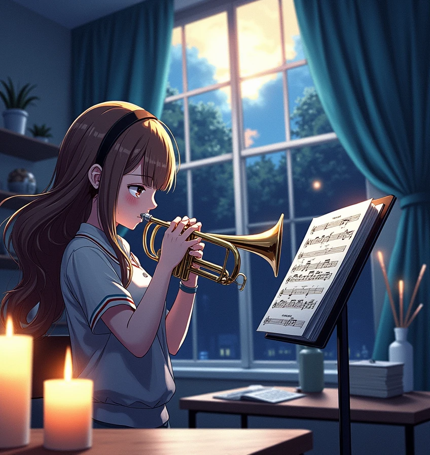 Trumpet player、One girl, High resolution, Brown Hair, masterpiece, accurate, Highest quality, detail, 高いdetail, Very detailed, Ultra high definition, Shortcuts, Bright Eyes, Sparkling eyes, Close-up, hair band, far and near method, Cinematic light effects, Illustration, Digital Art, School club practice、
Musical score、Window、sunset