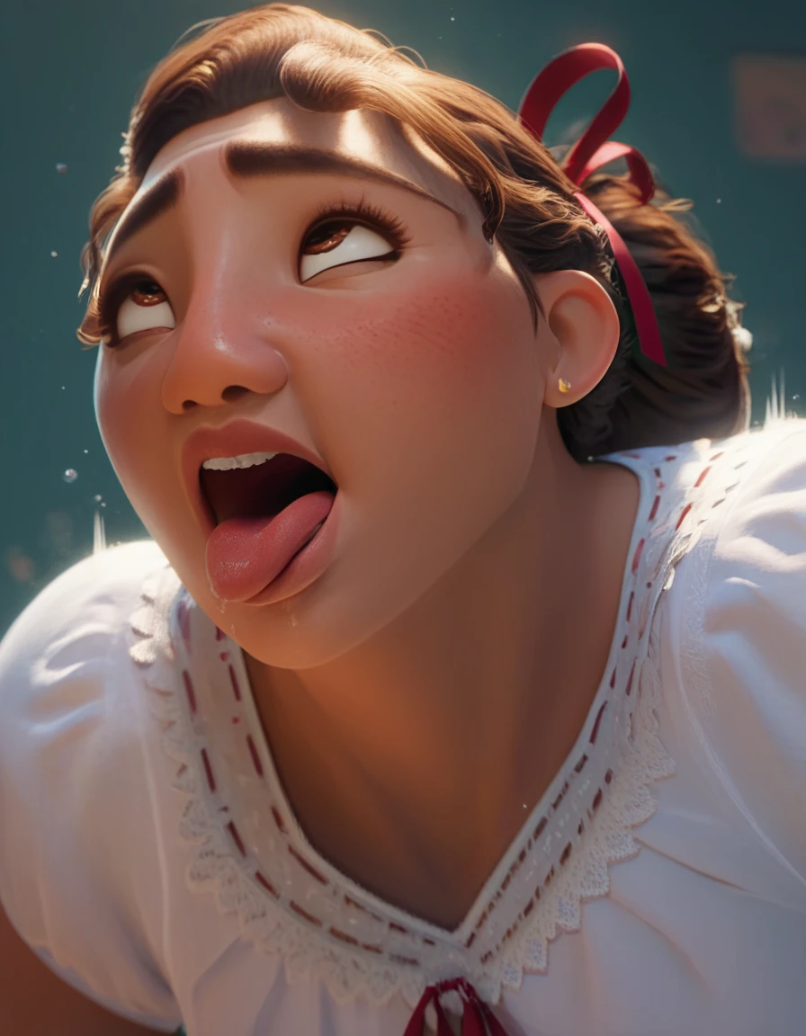 Luisaxl,chestnut hair, hair bun with red ribbon, eyes browns, ahegao, just the face, looking at the spectator, white top,  1 girl, standing alone, best qualityer 