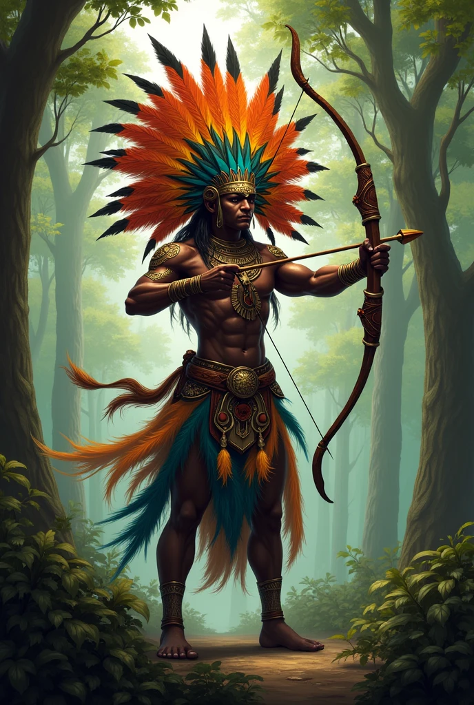 Orisha Oxossi holding bow and arrow, with feathers on the head