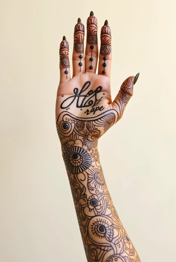 Mehandi design on hand from elbow but in designs generate a social message like stop rape theme