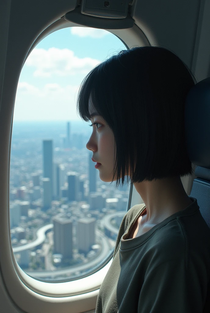 Depressed girl、Japanese、Black Hair、Bobcut、Commercial Aircraft、Window、Looking Outside、Over Tokyo、Real、Finish like a photo