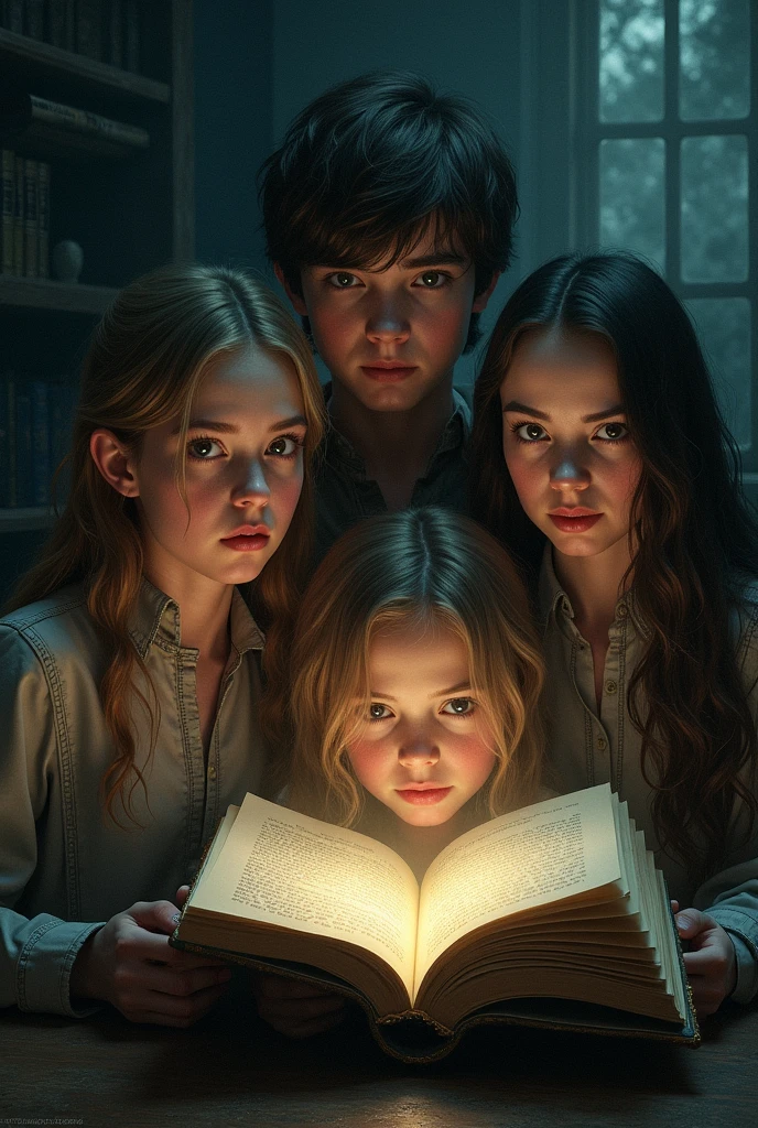(Best Quality)), ((masterpiece)), (detailed), When reading the cursed book, the group of friends, two teenage boys and two girls, accidentally unleash a curse that begins to affect each of them..