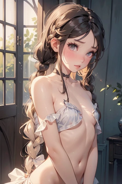  ((best quality)), ((masterpiece)), (detailed), 1girl, (big forhead:1.2),extremely detailed cute anime face, (((flat chest))), (flat chest:1.1),((((long twin braids,tight braids,long braid,braided hair,long hair)))),intricate eyes,beautiful detailed eyes,symmetrical eyes,(((detailed face))),beautiful detailed lips, looking at this, (((embarrassed))),(horrified expression),(panic),(crying),highres,(best quality),(ultra detailed,extremely detailed),perfect face details, ((masterpiece:1.4, best quality))+, (ultra detailed)+, long twintails, cute girl, (flat chest:1.1), small breasts, slim body, skinny, (narrow hips), prominent collarbones, skinny arms, flat stomach, visible hip bones, long hair, red hair, white hair, blonde hair, dark hair, ponytail, thick ponytail, heavy ponytail, small breasts, perfect face, small breasts (flat chest:1.1), NSFW, long revealing gown,Detailed body，Full limbs，(from behind), (turning), NSFW, (flat chest:1.1), nude 