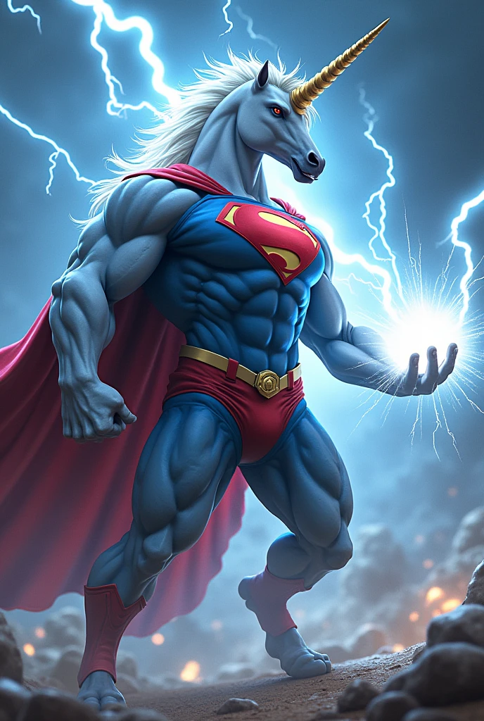 Create an image of a super muscular humanoid unicorn dressed in a Superman costume, performing the Chidori technique from the anime Naruto, specifically as done by Kakashi. The unicorn stands with a powerful, determined stance, one hand crackling with intense lightning energy as it forms the Chidori. The background is charged with electricity, with lightning bolts and energy radiating from the Chidori, emphasizing the power and intensity of the moment