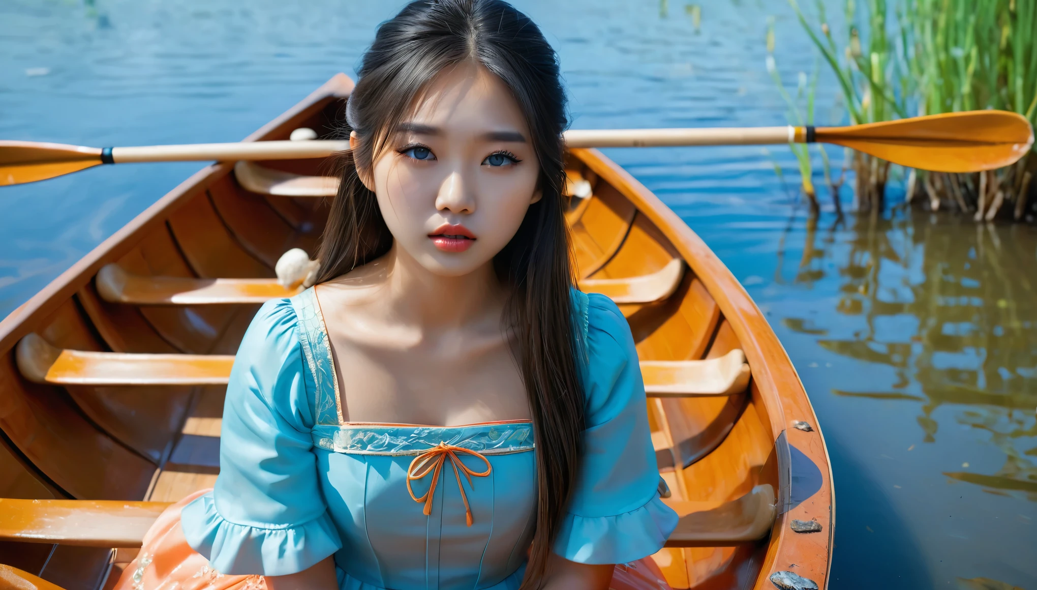 ((RAW photo), absurd, (absurdresolution)), masterpiece, best quality, (best shadow), beautiful detailed glow, hyperrealism, cute Asian girl, very pretty with light blue eyes, (sharp pupil, realistic), makeup, (straight hair), simple orange dress, sitting in canoe on calm lagoon, crying mushrooms in background, midday. «SunPuma S»
