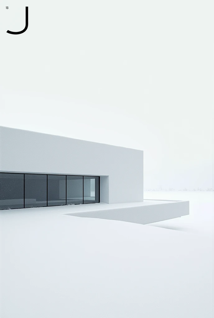 "Design a minimalistic architecture magazine cover set in a snowy landscape. The focus should be on a sleek, modern building with clean lines and large glass windows, partially covered in snow, blending seamlessly into the white environment. The brand 'J' should be prominently displayed in a minimalist style at the top of the cover in a clean, sans-serif font. Use a monochromatic color palette with shades of white, grey, and black. The overall design should evoke a sense of calm, simplicity, and sophistication."

Size: 1024x1024