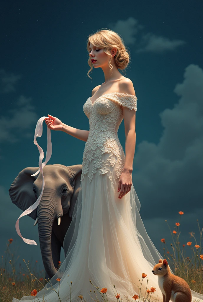 Create a beautiful realistic image that transcends the beauty of Taylor Swift and Sia with a ribbon, in an evening dress accompanied by an elephant and a squirrel and lots of love showing gratitude with a kimetsu no yaiba anime background at night