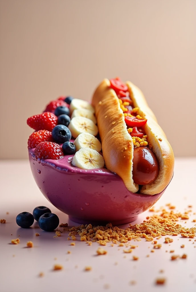 Realistic acai bowl and hot dog