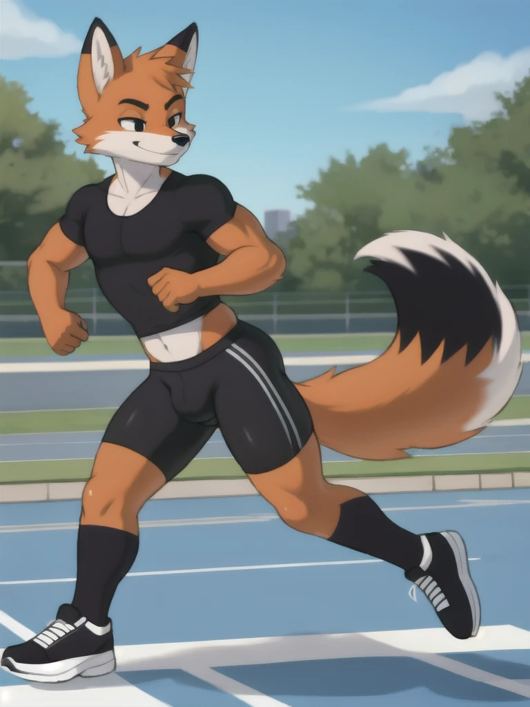 Furry, fox, male, black shirt, black spandex bike shorts, shoes, running track, solo, full body