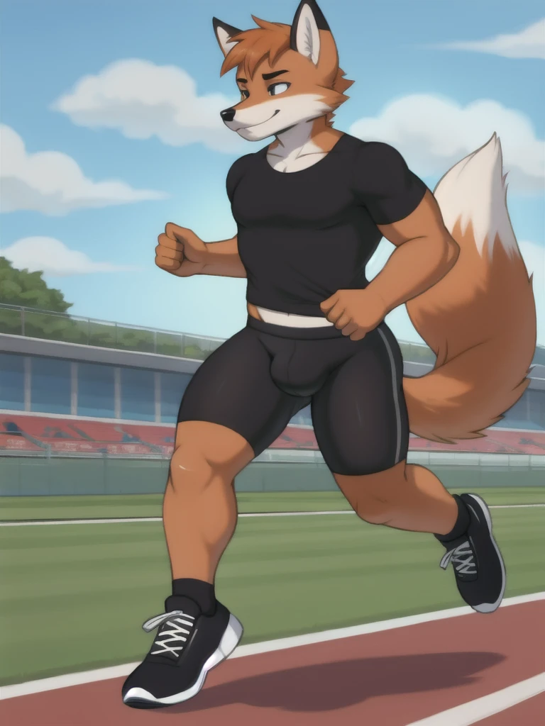 Furry, fox, male, black shirt, black spandex bike shorts, shoes, running track, solo, full body