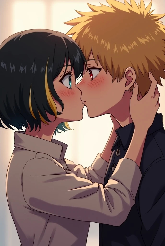 anime style Boku no Hero academia, A white-skinned woman, eyes the color of honey, short hair, black with yellow locks in front. A few light freckles on the cheeks, and a blond boy, red eyes with a frown giving each other a kiss 