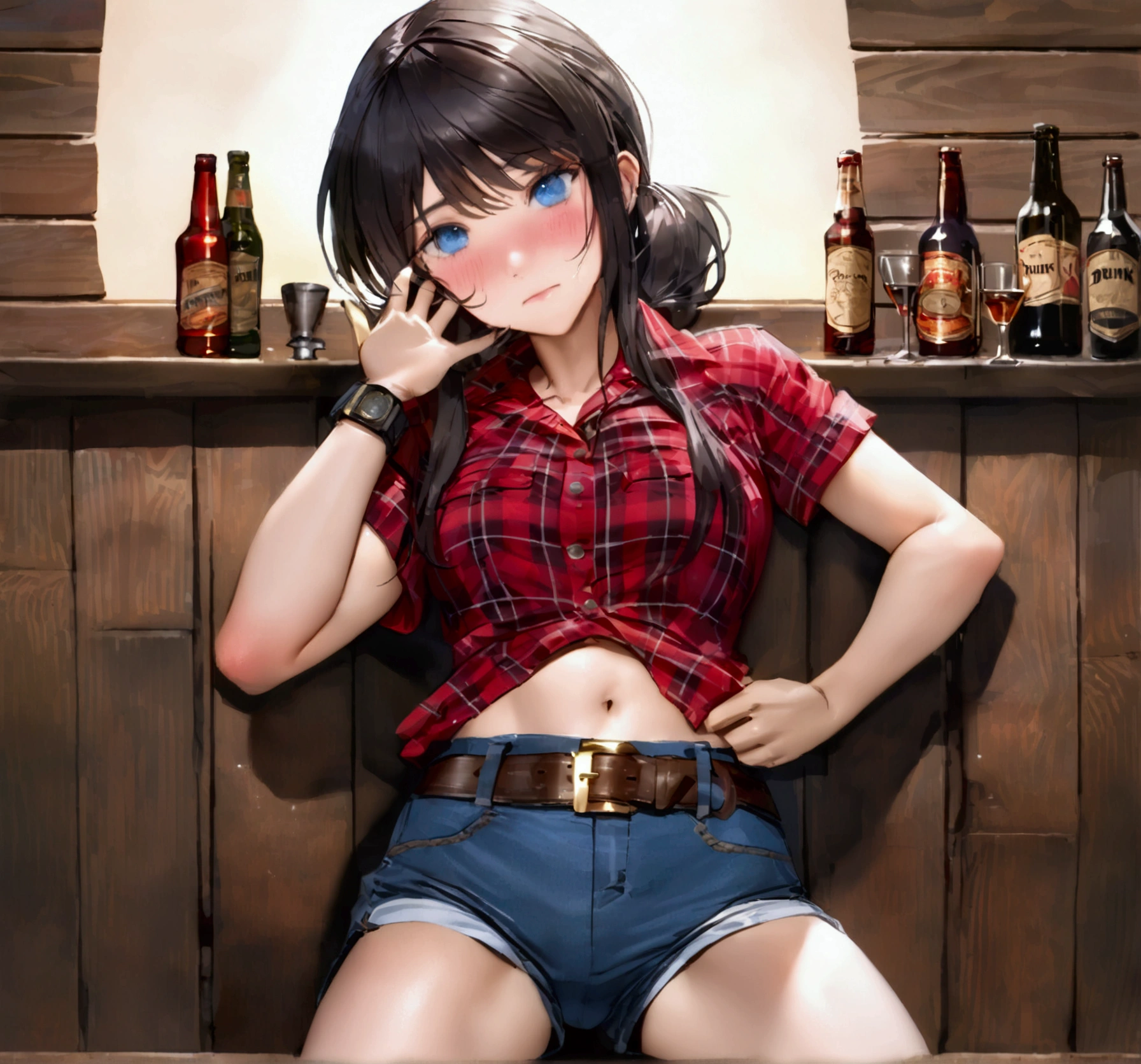 ((topless)), flat chest, nsfw, hair ribbon, white leggings, masterpiece, 1 girl, erect nipples, intricately detailed, erect nipples, pubs, table, crowd, navel, bare shoulders, necklace, beer, tavern, inn, pub, crowd, brown hair, embarassed, smiling, extremely detailed, photorealistic, octane render, 8 k, unreal engine, bare breasts, nipples, carrying beer tray, bare stomach, sweaty, people on background, oktoberfest, smiling, moist breath, child, arm strap, small breasts, long hair, blush, bare shoulders, brown hat, shorts, peace sign, winking, bare arms, bare elbows, sleeveless, wet, hu tao(genshin impact), boo tao, ymbol shaped pupils