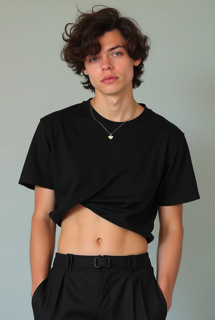 Harry, Styles, British, 20 age, Dark brown short curly Hair, Black t-shirt, showing abs, short dark skirt