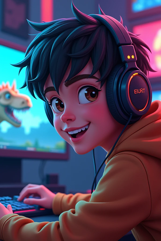  black haired brown eyed boy with headphones gamer YouTuber who loves dinosaurs 