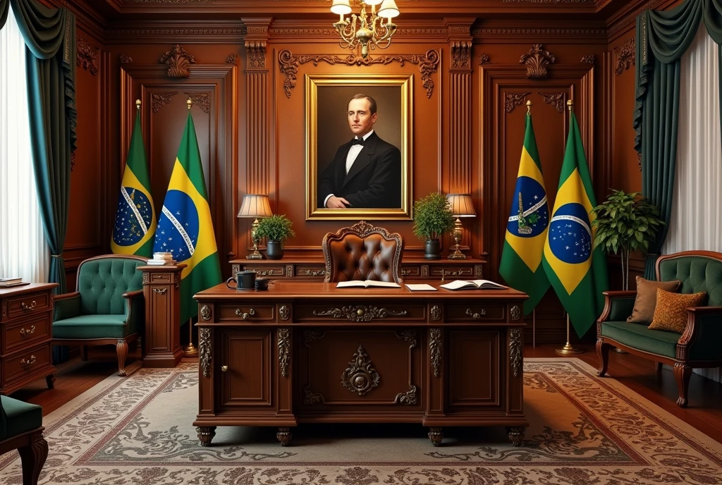a detailed antique office, wooden desk in the center, chair behind the desk, 2 Brazilian flags behind the desk, 1 portrait of Dom Pedro II and another portrait of Dom Pedro I on the wall behind the desk, highly detailed, intricate, photorealistic, 8k, masterpiece, elegant, ornate, warm lighting, rich colors