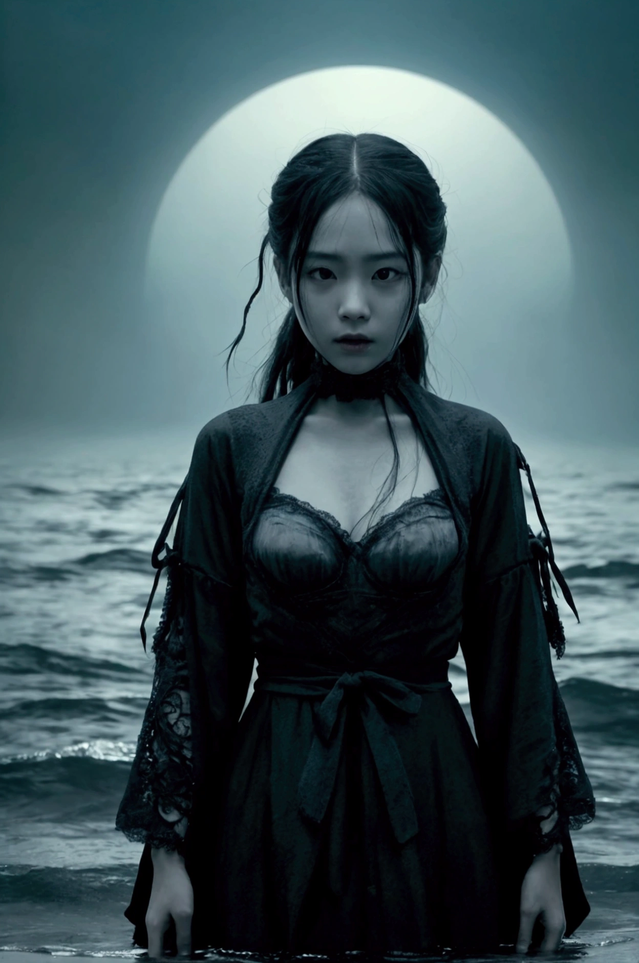 Creepy、Apparition、Horror、monster、Dark sea、background, tiktok 4 k uhd image, trending on 8k, detailed unblurred face, face with artgram, 8 k film still, 8k film scan, movie still 8 k, 8 k movie still, screenshot 4k, japanese horror movie footage, scene from live action movie